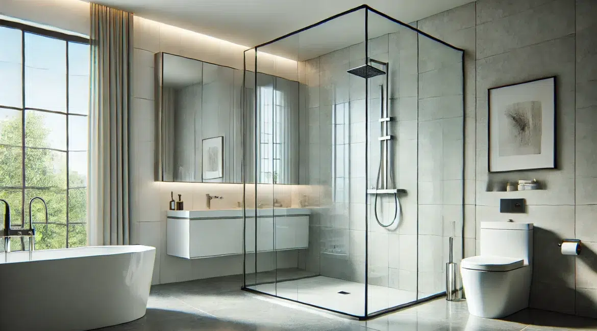 A modern shower screen in a contemporary bathroom. The screen is frameless made of 10mm clear toughened safety glass providing an unobstructed view 1 1